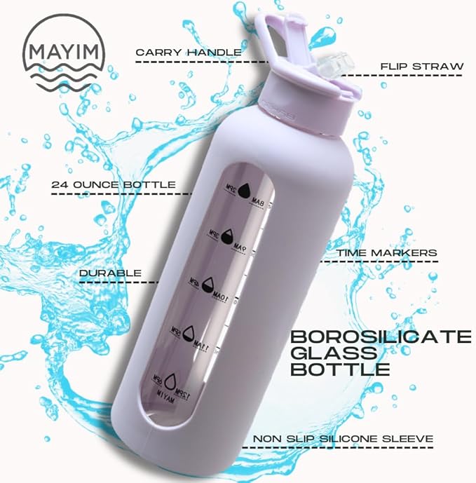 Mayim 24 Oz Glass Tumbler with Straw and Handle, Reusable Motivational Glass Water Bottle with Silicone Sleeve and Time Marker, Leak Proof Borosilicate Water Bottle -Lilac