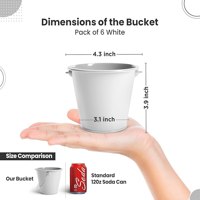 Small Metal Buckets with Handle 6 Pcs – Galvanized Bucket Leak Proof & Rust Resistant 20 fl oz Capacity - Best for Party Décor, Organizing & Decorating Classrooms (White, Small 4.3" Top)