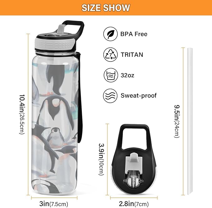 Kigai Cute Penguin Clear Water Bottle with Straw Lid, BPA-Free Leakproof Sport Water Bottle 32oz Large Gym Water Jug for Men Women Travel Fitness Outdoor