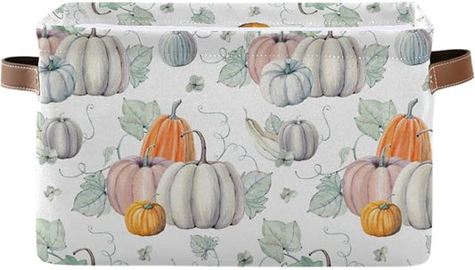 Fall Pumpkin Storage Basket Fabric Kitchen Baskets Autumn Maple Leaves Open Home Storage Bins Boxes Foldable Organizer Bag for Baby Cloth Pet Toy Book Shelf Closet Baskets 16×12×8 Inches