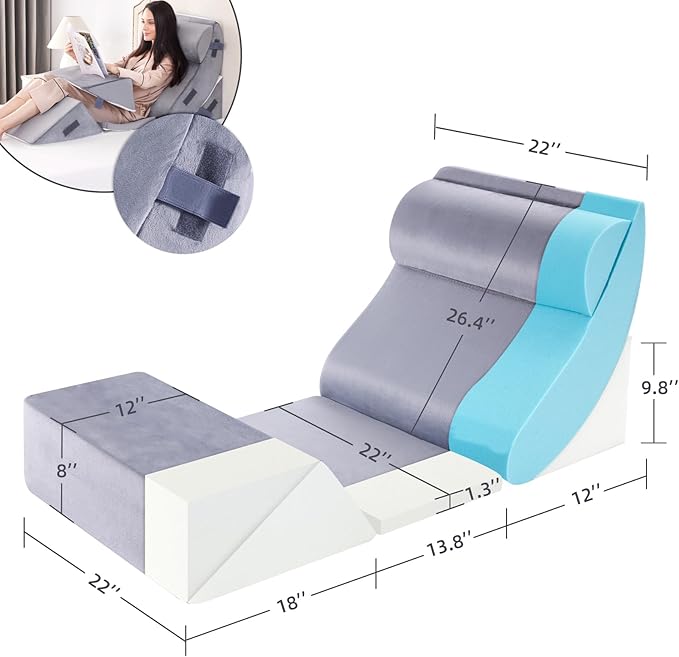 BDEUS 6pcs Orthopedic Bed Wedge Memory Foam Pillow Set for Sleeping Post Surgery Pain Relief Acid Reflux Snug Stop Adjustable Body Positioners Sitting Up in Bed with Travel Bag