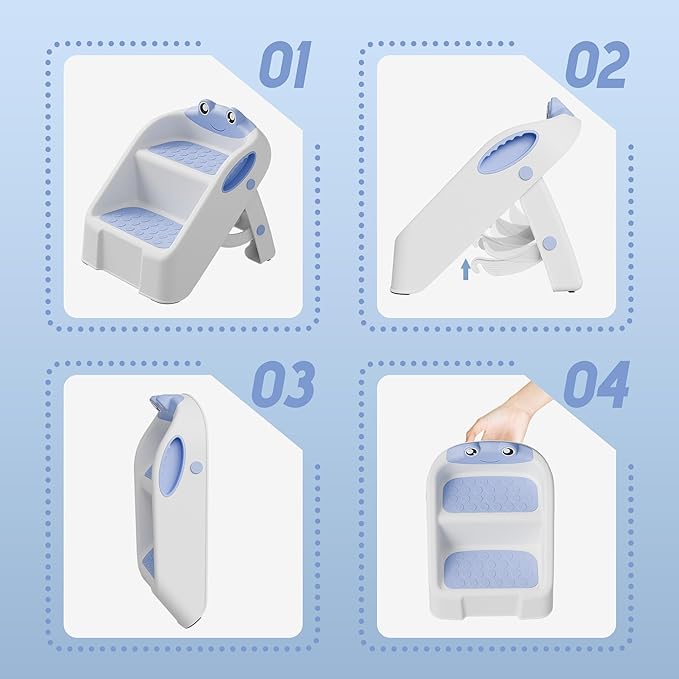 Toddler Step Stool, Easy to Fold Step Stool for Toddlers with Non-Slip Surface & Alphabet Patterns, Lightweight & Cute Kids Step Stool for Potty Training, Bathroom Sink, and Bedroom, Blue