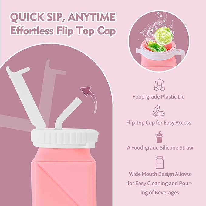 Collapsible Water Bottles 610ml | BPA Free Leakproof Lightweight Foldable Silicon Water Bottles | Twistable Water Cup | for Travel Gym Hiking Outdoor Camping Running Cycling Sports (Pink)