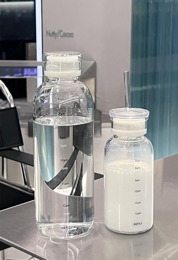 Glass Water Bottles With Double Lid,16OZ Clear Water Bottle With Time Marker,Water Bottle With Straw, Circle Water Bottle For Milk,Juice, Coffee(550ml,White)