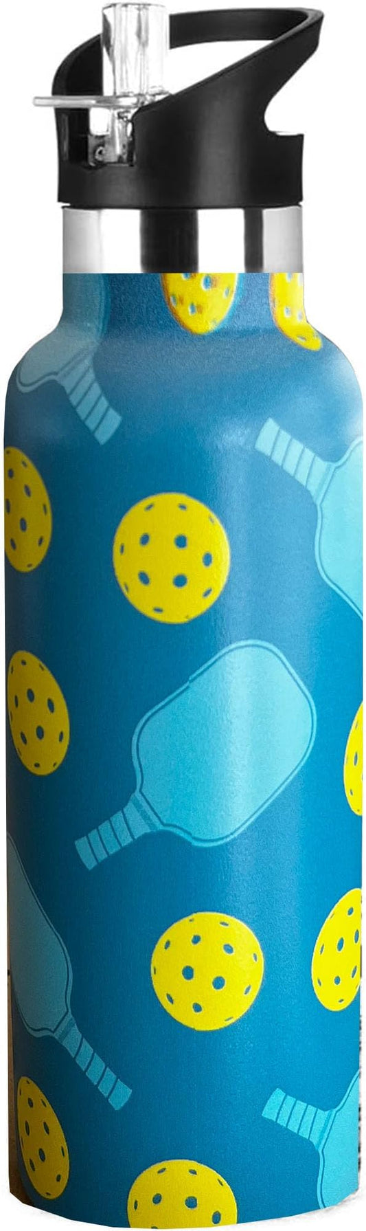 Pickleball Sport Water Bottle with Straw, Vacuum Insulated Stainless Steel Thermal Drinking Travel Mug Cups For Gym Fitness Camping-20oz/600ml