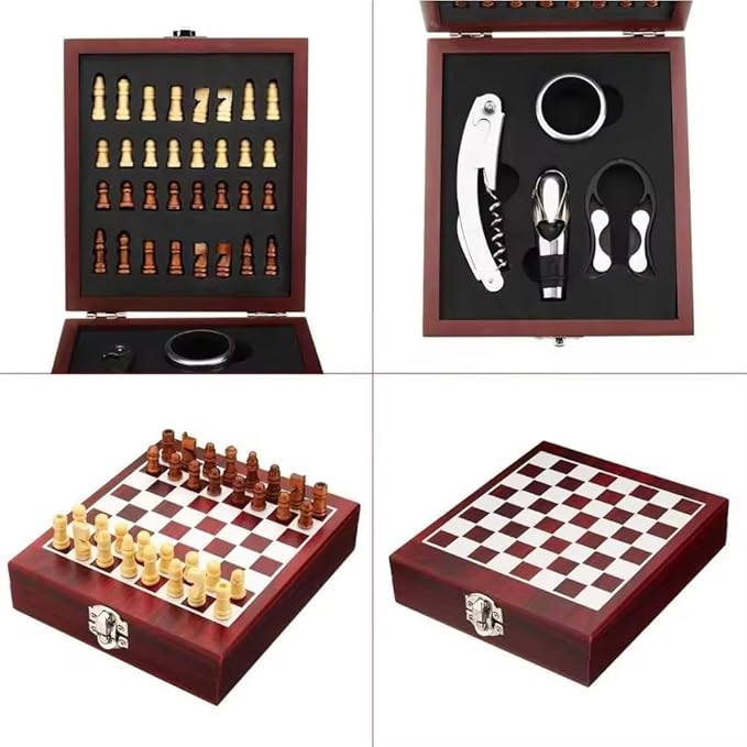 Wine Bottle Opener Tool Set – Chess Board Game – Wooden Box Wine Set – Luxury Wine Accessory Set – Stylish Gift Box – Gift – Gift Idea – Gift for Man – Gift for Friend – Birthday Gift, Brown