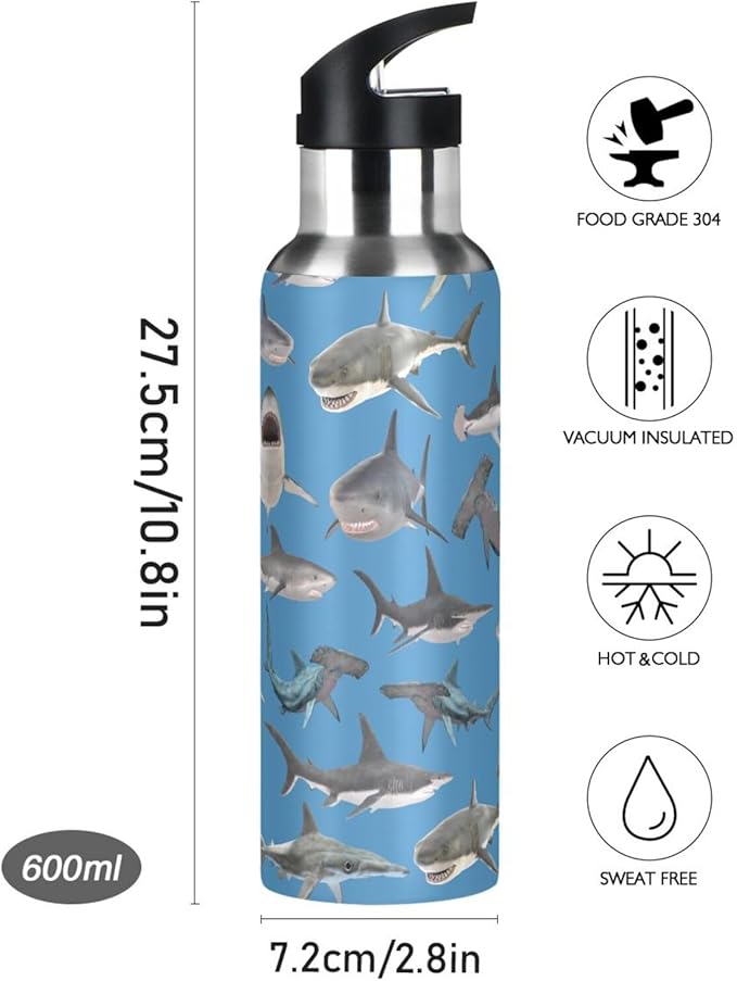 Stainless Steel Water Bottle with Straw Lid - 20 Oz Sports Insulated Water Bottle Thermos for Sport Gym Outdoor Travel School (shark hammerhead shark)
