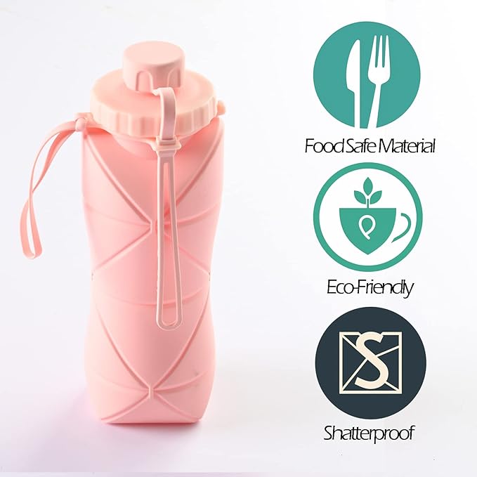 Collapsible Water Bottle, Silicone Foldable Water Bottles For Travel, Easy-To-Carry Design And Compact Size, BPA Free, 20 oz (Pink)
