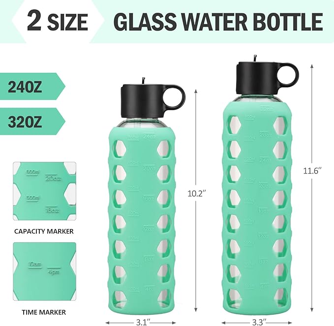 MUKOKO Glass Water Bottles, 24oz Glass Tumbler, Drinking Bottles with 2 Lids-Handle Flip Straw Lid&Bamboo Lid, Motivational Water Bottle with Time Marker and Silicone Sleeve, Leakproof-1 Pack-Green