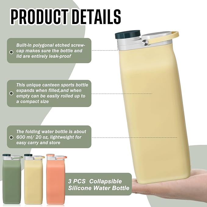 Ctosree 3 Pcs Collapsible Water Bottles 20 oz Foldable Portable Silicone Water Bottle Leak Proof Travel Water Bottle Lightweight Folding Water Bottle for Sports Traveling Hiking