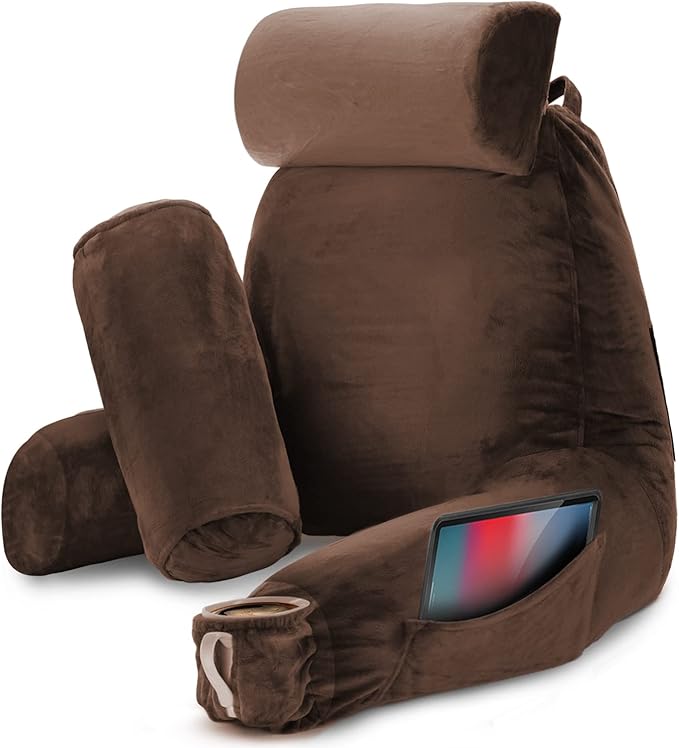 Nestl Reading Pillow Large Bed Pillow, Back Pillow for Sitting in Bed Memory Foam Chair Pillow, Reading & Bed Rest Pillows Chocolate Brown Back Pillow for Bed, Bed Chair Arm Pillow with Pockets