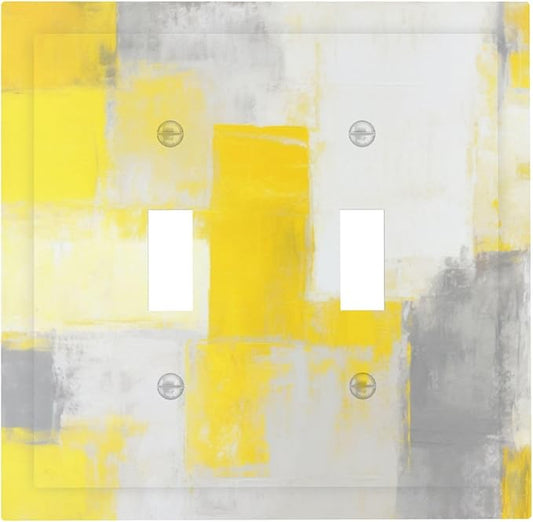 Grey and Yellow Abstract Art Painting Double Toggle Light Switch Covers 2 Gang Wall Plate Dual Decorative Switchplate Electrical Faceplate for Bathroom Country Kitchen Bedroom Decor, 4.9" x 5"