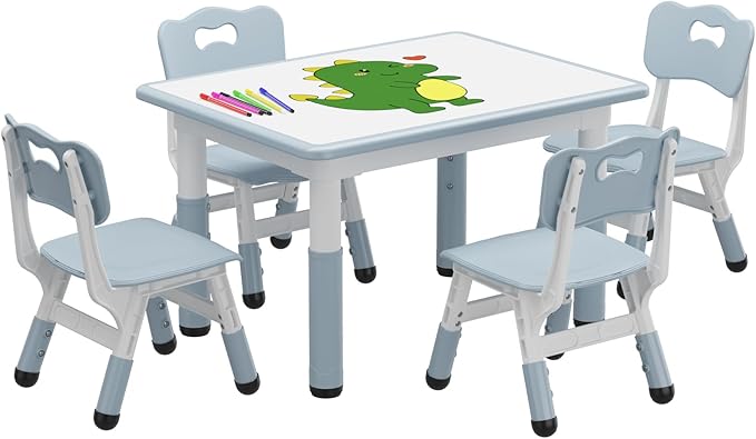 Kids Table and Chair Set, Height Adjustable Toddler Table and 4 Chairs Set for Ages 2-10, Graffiti Desktop, Non-Slip Legs, Arts & Crafts Table, Children Activity Table for Daycare Classroom Home