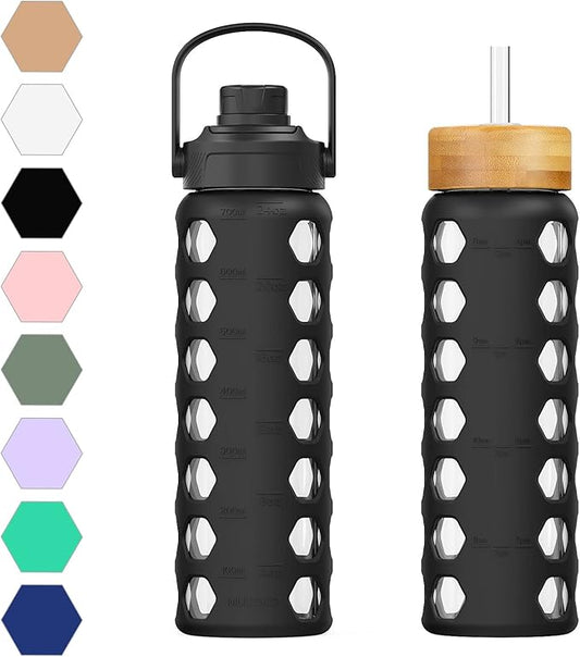 MUKOKO 24oz Glass Water Bottle with 2 Lids-Handle Flip Lid&Bamboo Straw Lid,Motivational Water Tumbler with Time Marker Reminder and Silicone Sleeve, Leakproof-Black