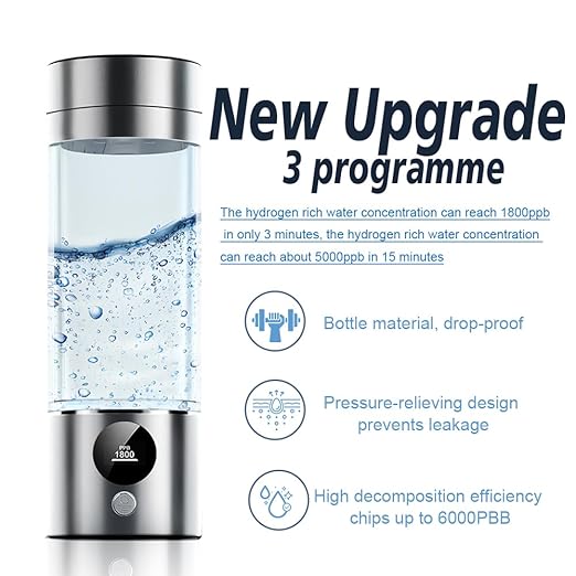 Hydrogen Water Bottle is a 3-Purpose Hydrogen Water Generator That uses Advanced SPE and PEM 15 Minutes About 5000 ppb of odourless Hydrogen Water(Silver/380ML)