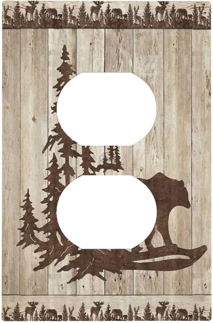 Rustic Wood Bear Forest 1 Gang Outlet Plate Covers Decorative Single Duplex Wall Plate Vintage Cabin Electrical Receptacle Light Switch Cover Art Faceplate Switchplate for Farmhouse Bedroom Decor