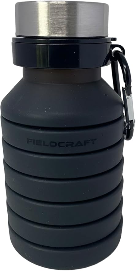 FIELDCRAFT Collapsible Silicone Water Bottle, BPA Free, Foldable, Leak Proof with Carabiner, Black (Black)