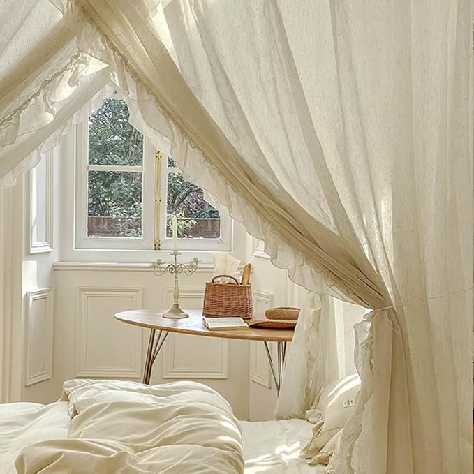 Elegant Modern Linen Princess 4 Corner Post Mosquito Net Romantic for Girls Women Bed Curtain Canopy for Adult Wedding Bedroom Kids Rooms Decoration (White-Beige, King)