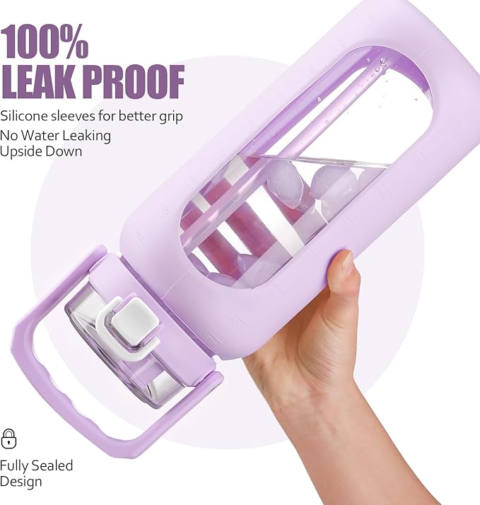 BLUEGO 64oz Glass Water Bottle with Handle and Straw, Motivational Sports Water Bottle with Time Marker and Silicone Sleeve Leakproof Drinking Bottle for Travel Gym Workout, Purple