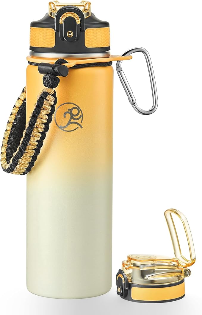 GOSWAG Insulated Sports Water Bottle, 24oz 2 Lids(with Straw/No Straw), Stainless Steel Water Bottles with Paracord Handle, Insulated Thermos with Double-Wall Vacuum Insulation