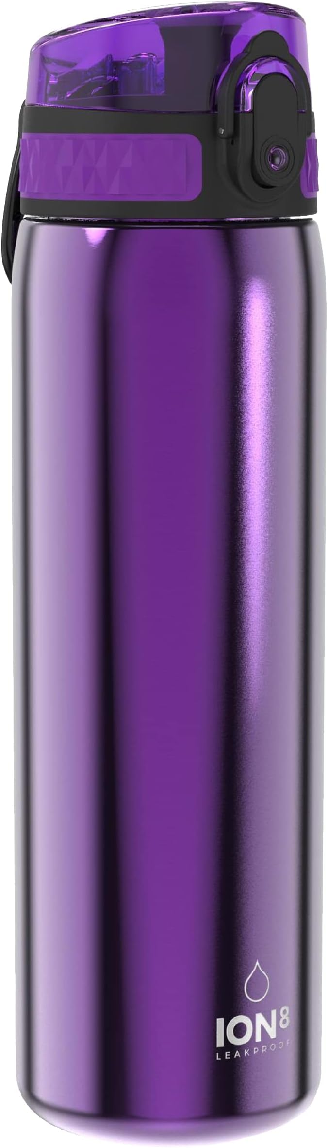Ion8 Steel Water Bottle, 600 ml/20 oz, Leak Proof, Easy to Open, Secure Lock, Dishwasher Safe, Hygienic Flip Cover, Fits Cup Holders, Carry Handle, Durable, Carbon Neutral, Metallic Purple