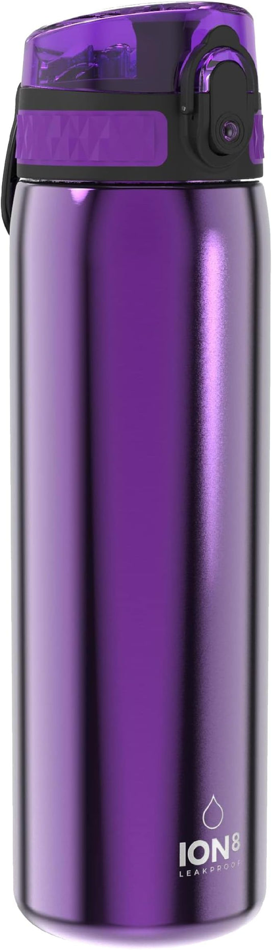 Ion8 Steel Water Bottle, 600 ml/20 oz, Leak Proof, Easy to Open, Secure Lock, Dishwasher Safe, Hygienic Flip Cover, Fits Cup Holders, Carry Handle, Durable, Carbon Neutral, Metallic Purple