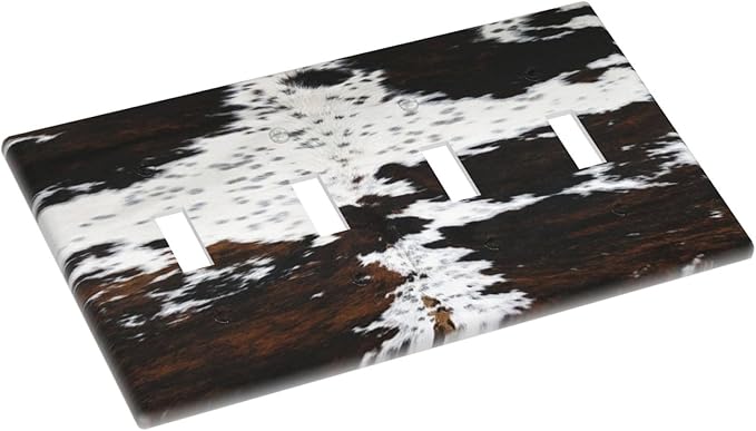 Western Farm Highland Cow Cowhide Quad Toggle Light Switch Cover Decorative 4 Gang Wall Plate Electrical Faceplate Switchplate for Farmhouse Bathroom Bedroom Living Room Decor