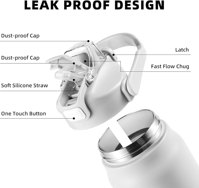 ColorSub 50oz Insulated Water Bottle With 2-in-1 Straw and Chug Leakproof Lid, BPA Free Stainless Steel Wide Mouth Sports Water Cup Flask White