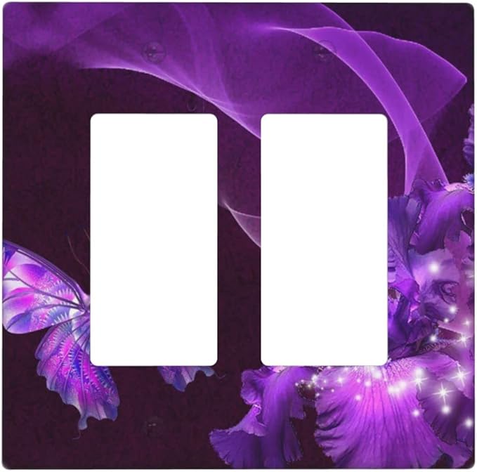 Purple Butterfly Flower Double Rocker Light Switch Wall Plate Cover Decorative 2-Gang for Outlet Girls Room Bathroom Bedroom Home Kitchen Two Decora Receptacle Polycarbonate Power Gear 4.5" x 4.6"