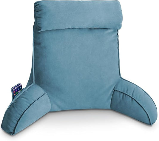 Reading Pillow for Bed Adult Size, Back Pillow for Sitting in Bed, Shredded Memory Foam Bed Chair Pillow with Arms, Pockets, Washable Cover (Blue, Large)