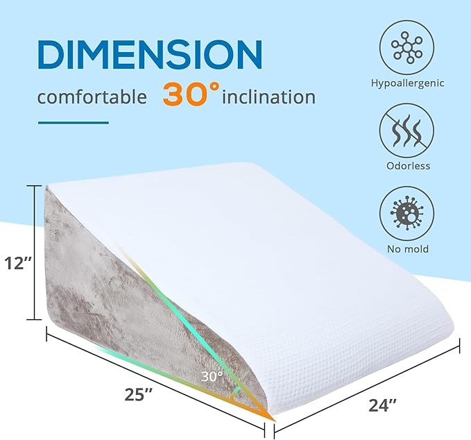 Sasttie Wedge Pillow for Sleep Apnea, 12 Inch Memory Foam Bed Wedge Pillow for Acid Reflux Relief, 30 Degree Triangle Incline Pillow Wedge for Sleeping with Removable Cover, Light Grey
