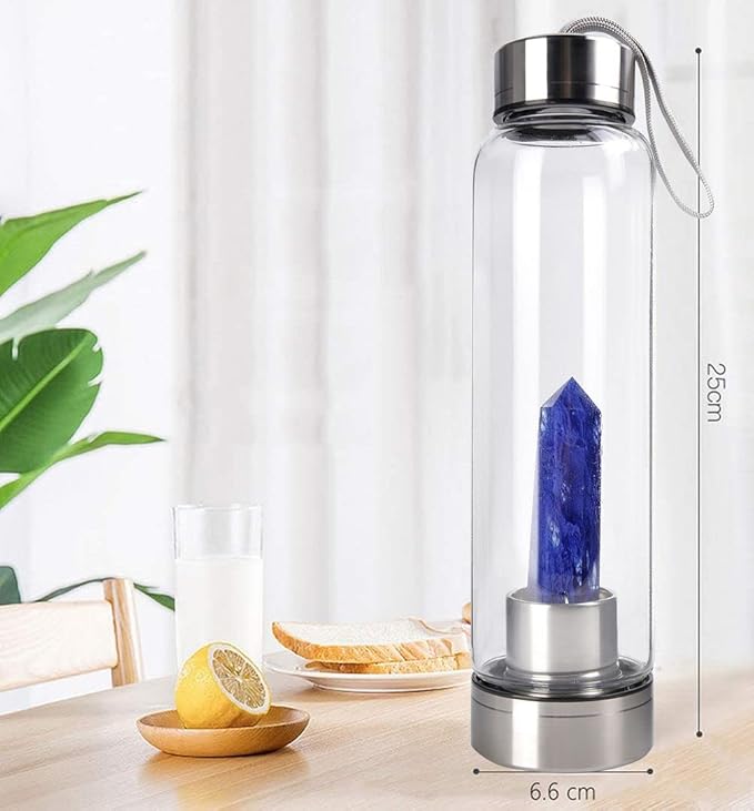Crystal Glass Water Bottle Energy Quartz Gemstone Water Bottle with Changeable Natural Crystal Center for Healing and Wellness Blue Fused Crystal