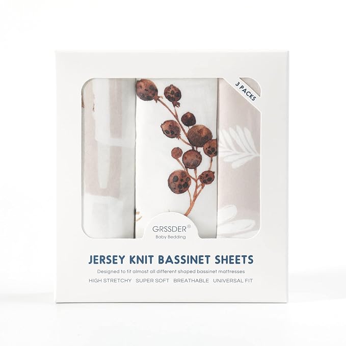 GRSSDER Stretchy Ultra Soft Fitted Bassinet Sheet Set 3 Pack, Universal Fit for Bassinets Baby Cradle Moses Basket Oval Rectangle Mattress Safe and Snug, Stylish Pretty Flora for Baby, Beige