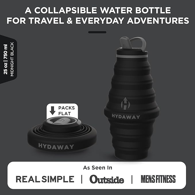 HYDAWAY Collapsible Water Bottle - 25oz I Reusable Water Bottle with Flip Top Lid for Travel, Hiking, Backpacking I Portable & Leakproof, Food-Grade Silicone, BPA Free, Collapses to 1.5”