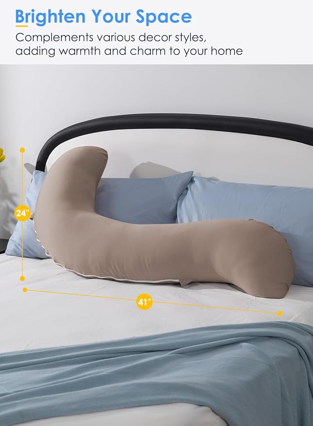 QUEEN ROSE Cooling Body Pillow, Full Body Support Pillow for Side Sleepers, Soft S Shaped Hug Pillow for Adults, with Removable Pillowcase, Beige