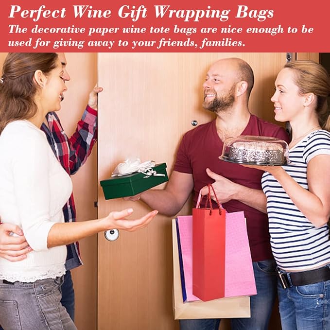 HRX Package Thick Kraft Paper Wine Tote Gift Bags for 1 Bottle, 12PCS Sturdy Paper Wine Gift Bags with Handles for Christmas, Party, Shopping, Retail Merchandise (Red)