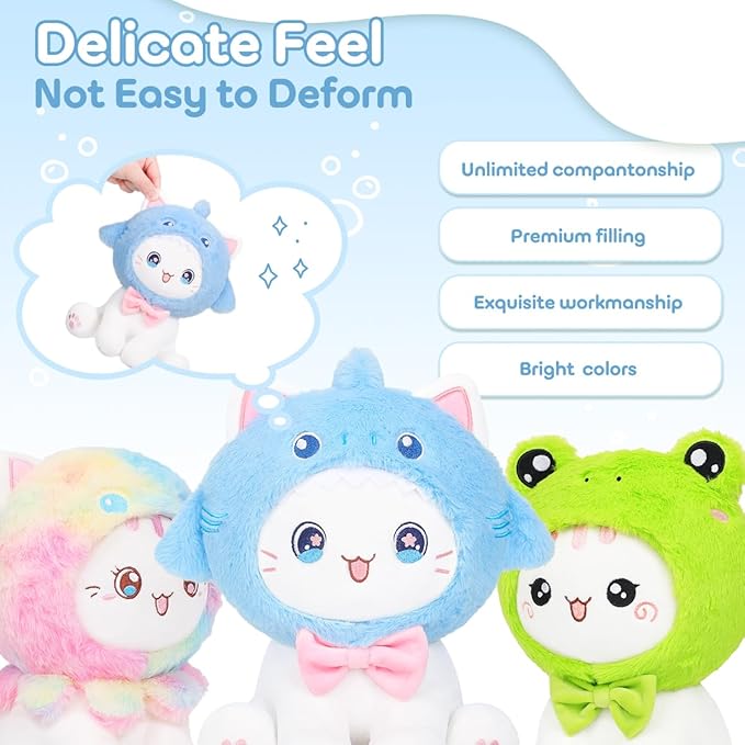 Cute Shark Cat Plush Toy 10" Kawaii Kitten Stuffed Animal, Cat Shark Plushie Pillow Gift for Kids