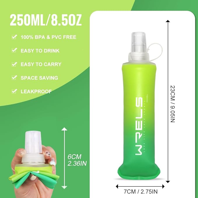 Collapsible TPU Soft Flask,Reusable Handheld Soft Water Bottle for Hydration Pack,BPA Free Gradient Folding Water Flask for Running Cycling Climbing (Mix Green-250ml *2)