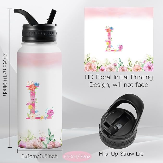 Personalized 32oz Water Bottle with Straw Customized Initial Letter Sport Bottles Monogrammed Initial Insulated Bottle Coffee Mug for Travel (L)