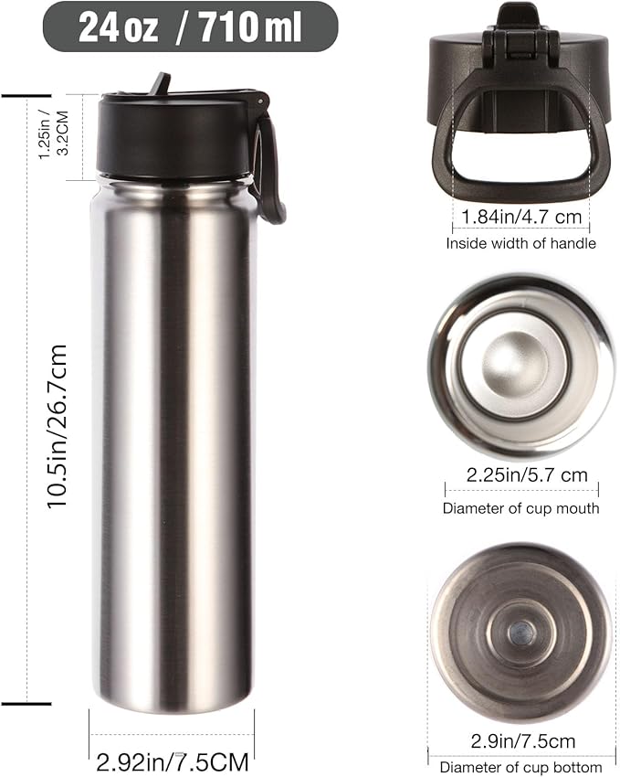 Volhoply 24 Ounce Insulated Water Bottle With Straw Lid,Stainless Steel Wide Mouth Sport Bottles With Handle,Double Wall Vacuum Thermos keep Cold,Reusable Travel Thermal Cups For Holder,Gym(Silver,1)