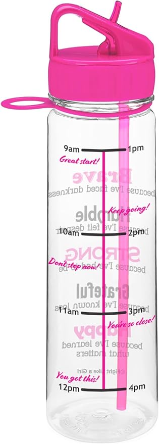 Fight Like a Girl Brave SlimKim 30 oz Motivational Water Bottle with Time Marker & Straw for Breast Cancer Awareness - Reusable Clear Water Bottle for Workout, Gym, Travel - Hot Pink