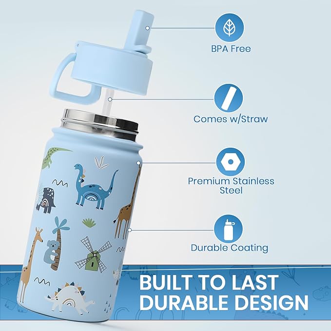 Water Bottle 14 Oz, Triple Walled Insulated Stainless Steel Odor & Strain Resistant Reusable Bottle, 1 straw Lid, Leakproof, Metal Mug Gallon, BPA Free, Blue Zoo