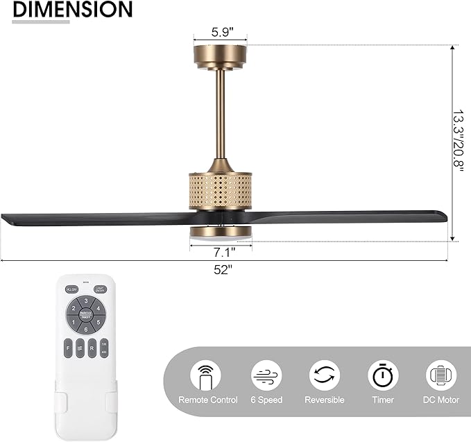52" Ceiling Fan with Light and Remote, 3 Solid Wood Blades, Noiseless Reversible DC Motor Ceiling Fan with 4.5"/12" Downrods for Bedroom/Living Room/Porch (Gold/Black)