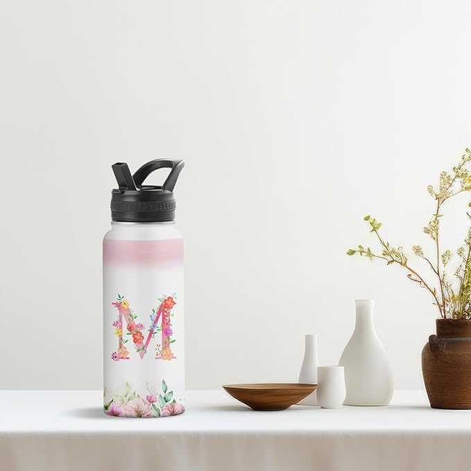 Personalized 32oz Water Bottle with Straw Customized Initial Letter Sport Bottles Monogrammed Initial Insulated Bottle Coffee Mug for Travel (M)