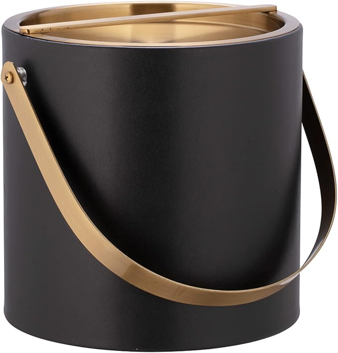 Kraftware 3qt Brushed Gold Arch Handle & Bridge Cover: Black Santa Barbara 3 quart Ice Bucket, Small