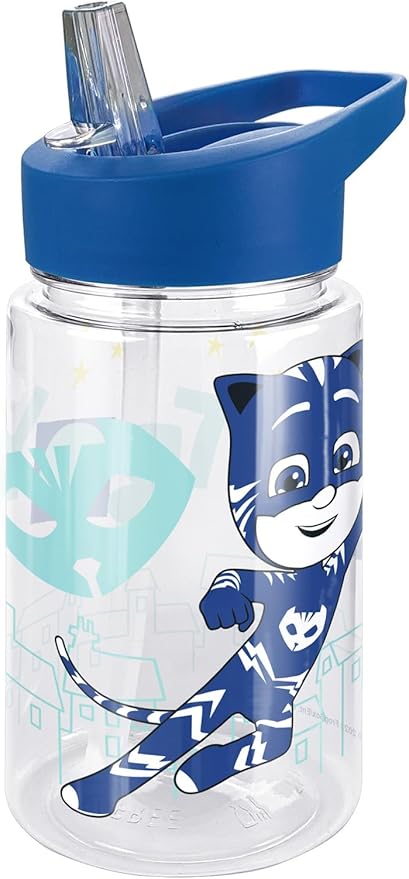LOGOVISION PJ Masks Kids Tritan Plastic Water Bottle with Straw Lid and Handle, Reusable Tumbler for Toddlers, Unisex for Girls and Boys, 12oz, Big Catboy