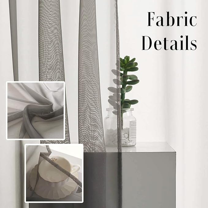 Grey Sheer Voile Curtains Translucent Solid Color Window Treatment 84 Inches Long Panels Rod Pocket Charcoal Grey Sheer Curtains for Bedroom Living Room 2 Panels 52x84 Gray