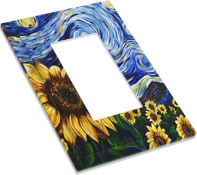 Vintage Abstract Blue Starry Sunflower 1 Gang Rocker Light Switch Covers Single Decora Outlet Wall Plate Decorative Switchplate Faceplate GFCI for Farmhouse Country Bedroom Decor