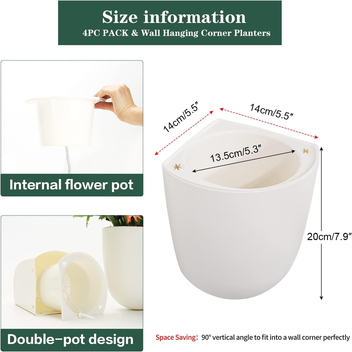 Sungmor Wall Hanging Corner Planters, 4PC White Wall Mounted Flower Pots, Self Watering Wall Planter for Indoor Plants, Right Angle Corner Hanging Pot, Great for Balcony Home Office Bar Corner Decór