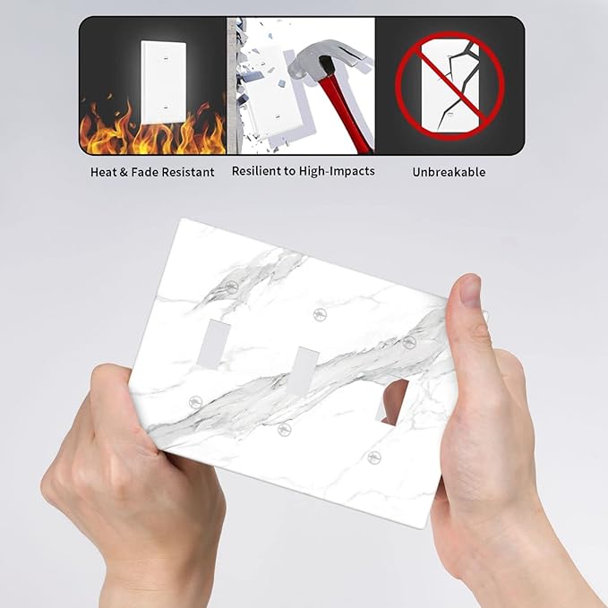 Marble Grey Wall Plate Decorative Light Switch Cover 3-Gang Triple Toggle for Bathroom Farmhouse Kitchen Bedroom White